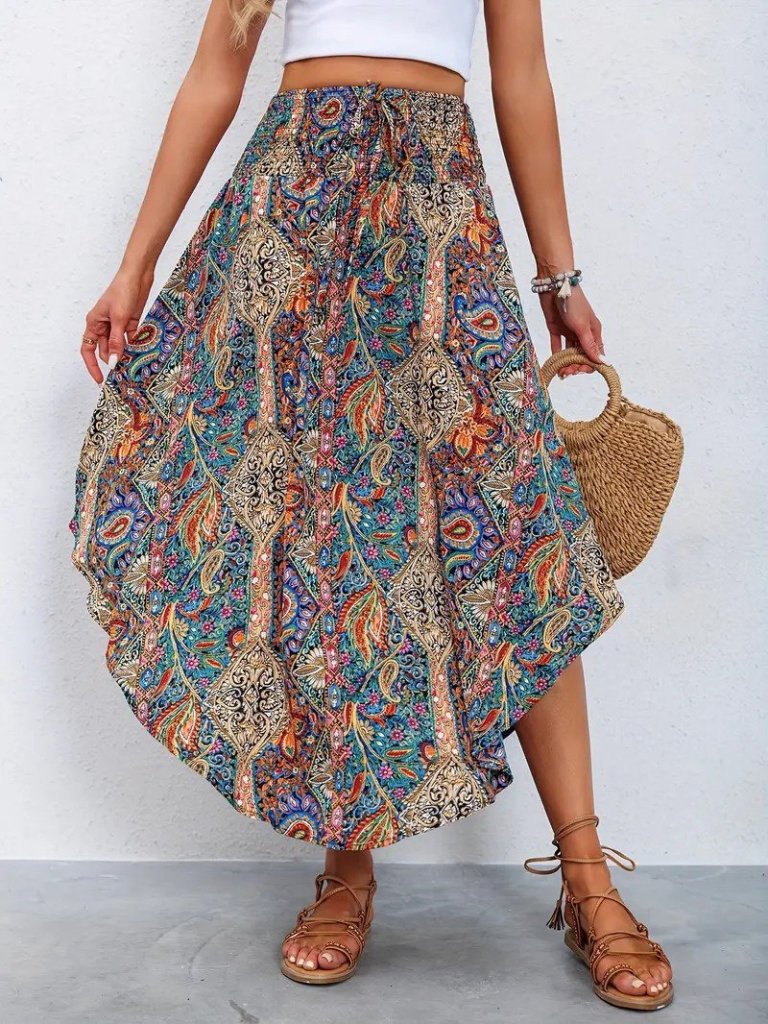 Kadın Beli Lastikli Bağcıklı Asimetrik Kesim Detaylı Desenli Bürümcük Etek