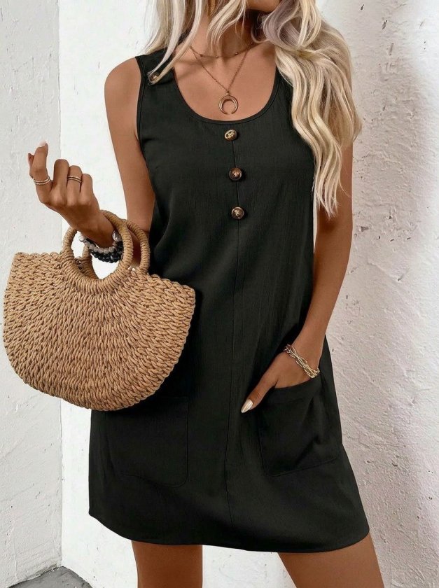 Kadın Askılı Yuvarlak Yakalı önden Düğmeli Cep Detaylı Kısa Elbise