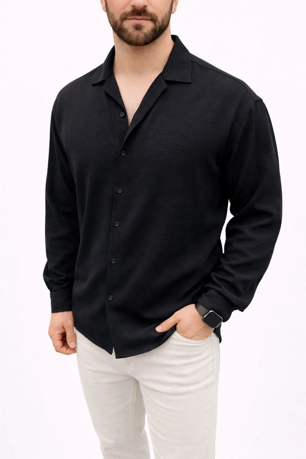 Erkek Aerobin Kumaş Oversize 4 Mevsim Uzun Kollu Rahat Kalıp Gömlek - Siyah