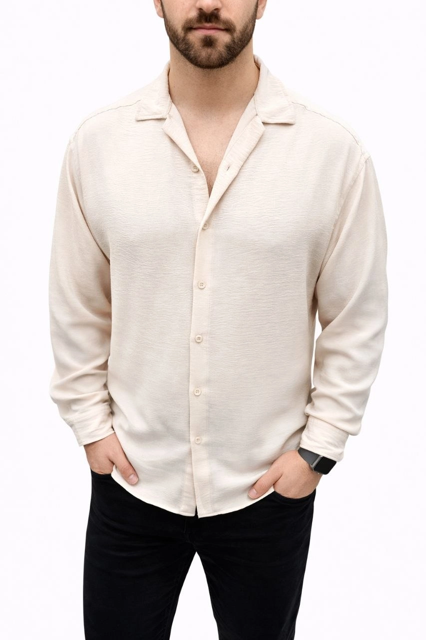Erkek Aerobin Kumaş Oversize 4 Mevsim Uzun Kollu Rahat Kalıp Gömlek - Bej