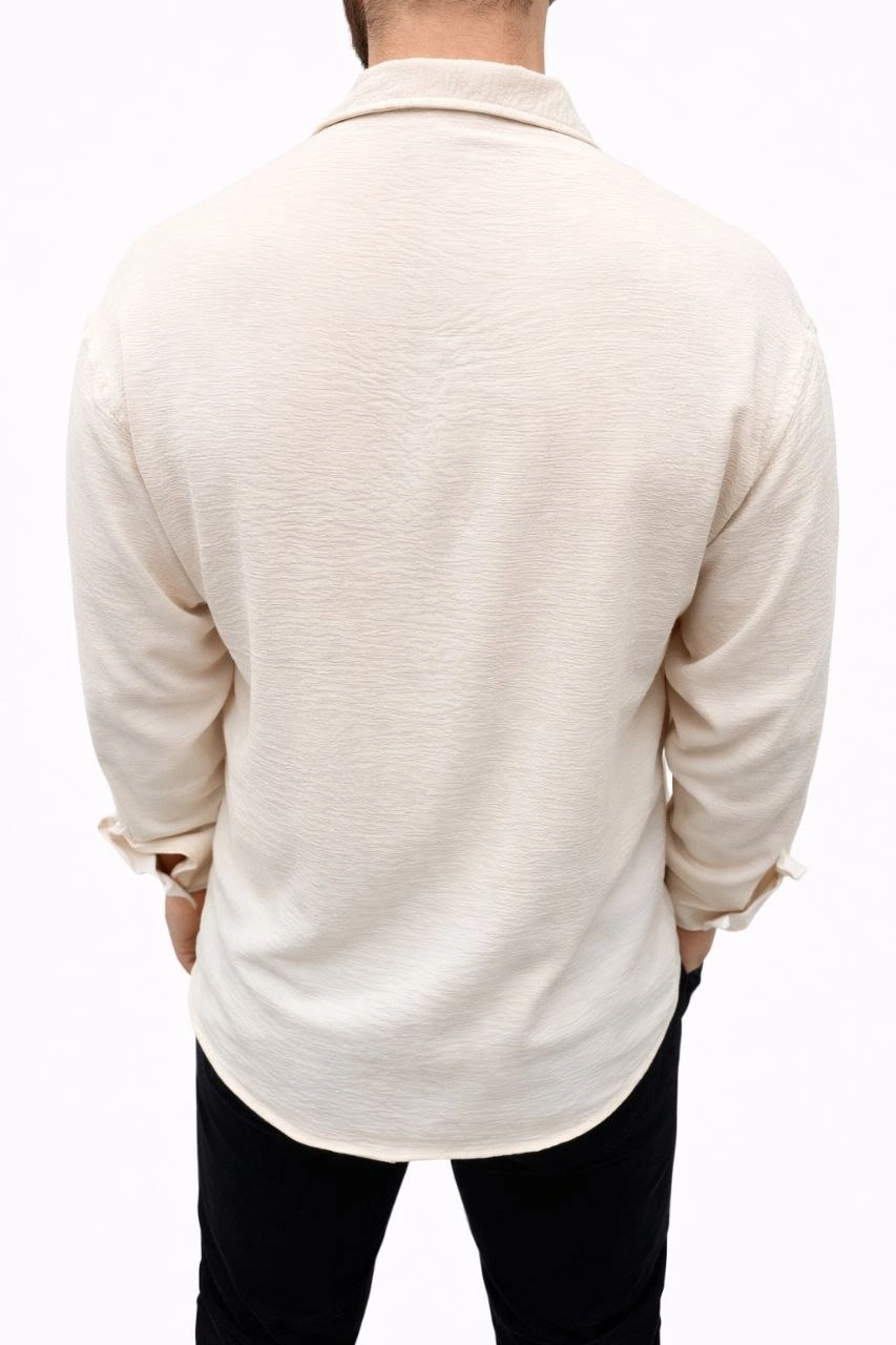 Erkek Aerobin Kumaş Oversize 4 Mevsim Uzun Kollu Rahat Kalıp Gömlek - Bej