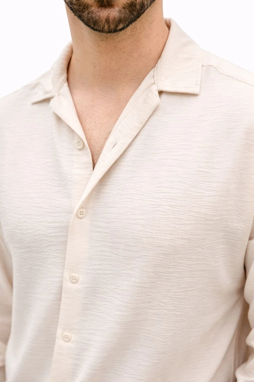 Erkek Aerobin Kumaş Oversize 4 Mevsim Uzun Kollu Rahat Kalıp Gömlek - Bej