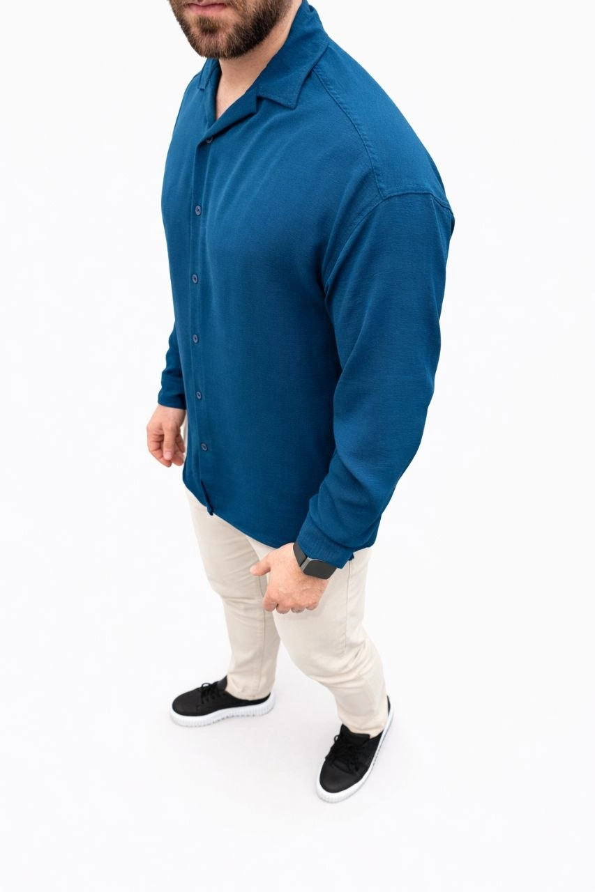 Erkek Aerobin Kumaş Oversize 4 Mevsim Uzun Kollu Rahat Kalıp Gömlek - İndigo