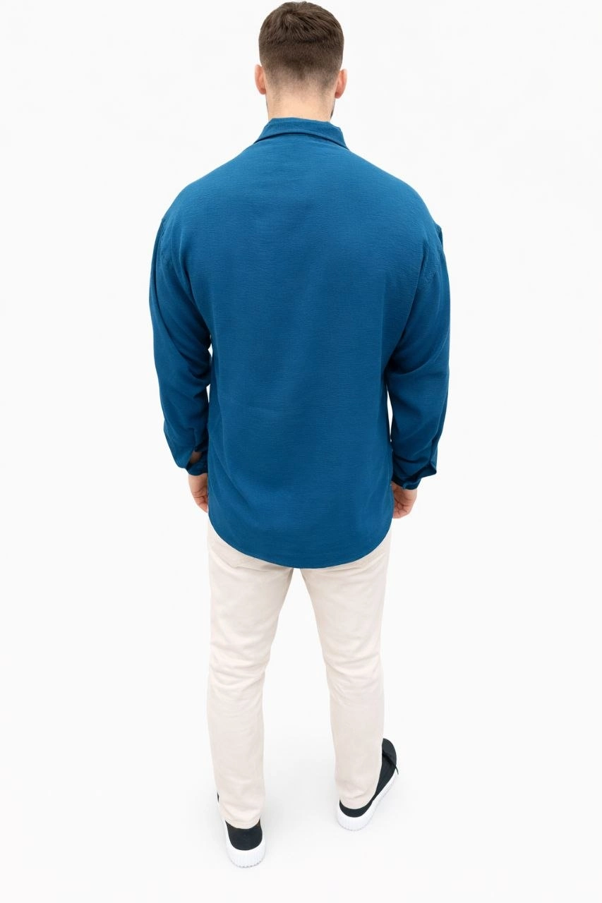 Erkek Aerobin Kumaş Oversize 4 Mevsim Uzun Kollu Rahat Kalıp Gömlek - İndigo