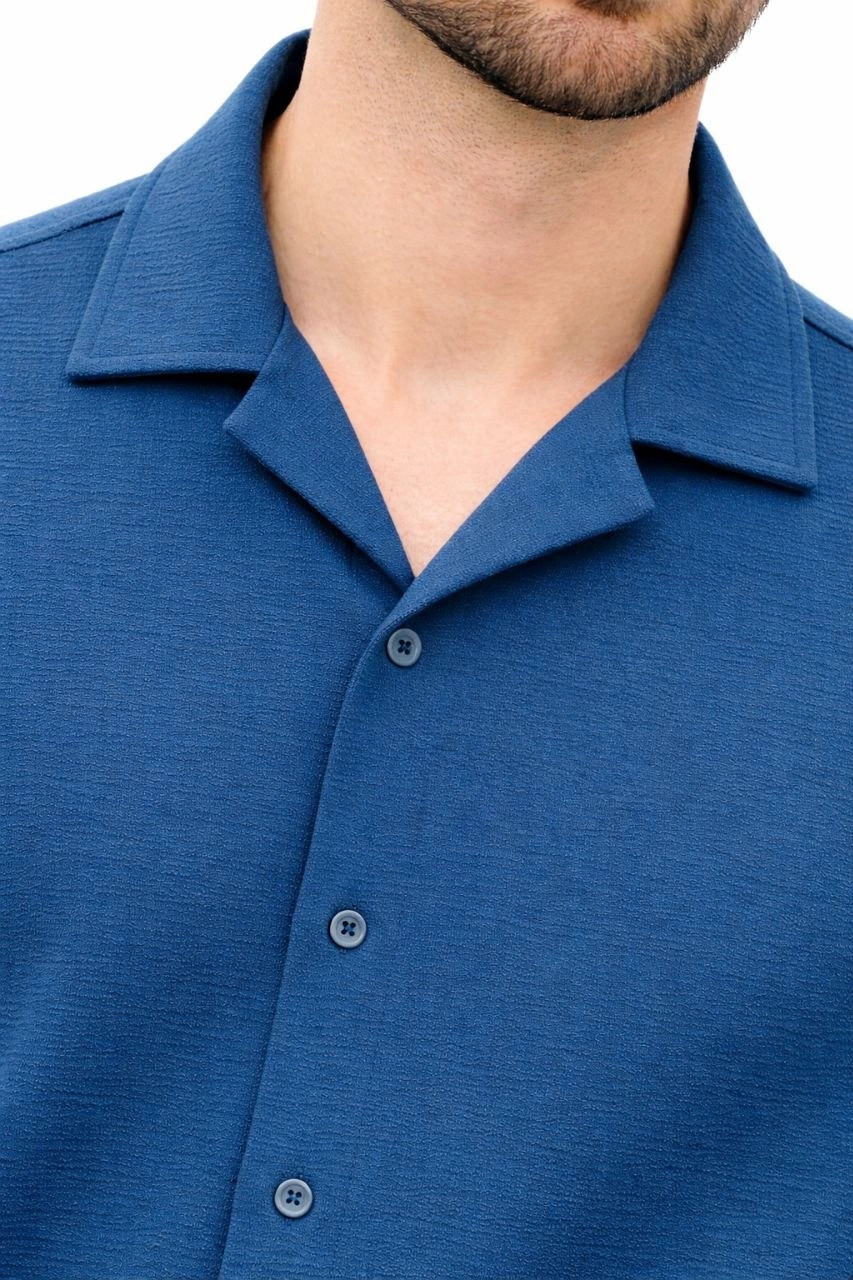 Erkek Aerobin Kumaş Oversize 4 Mevsim Uzun Kollu Rahat Kalıp Gömlek - İndigo