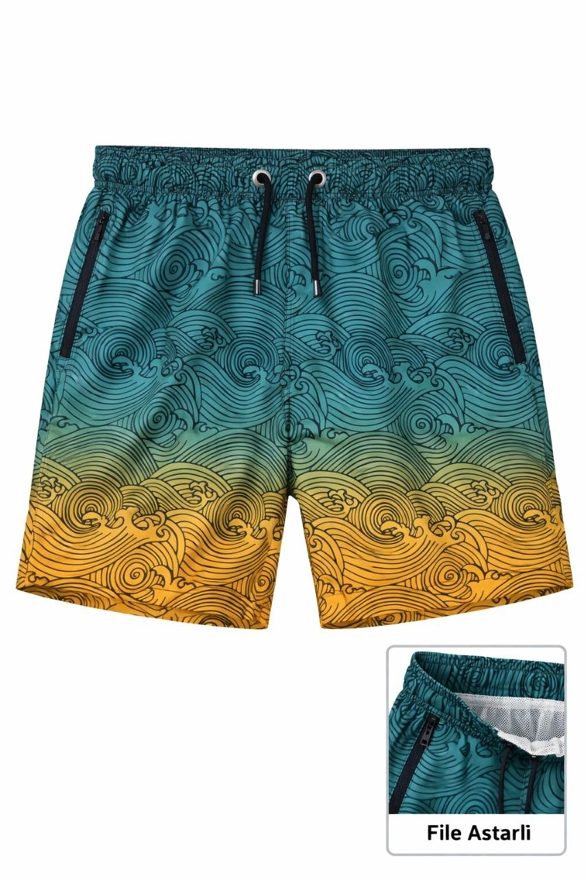 Erkek Deniz Şortu Fermuarlı Cepli File Astarlı Hızlı Kuruyan Premium - Çok Renkli