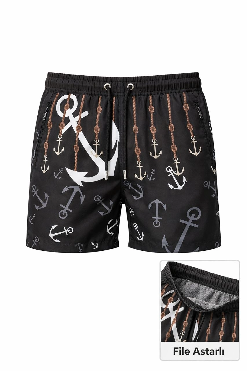 Erkek Deniz Şortu Fermuarlı Cepli File Astarlı Hızlı Kuruyan Premium - Siyah