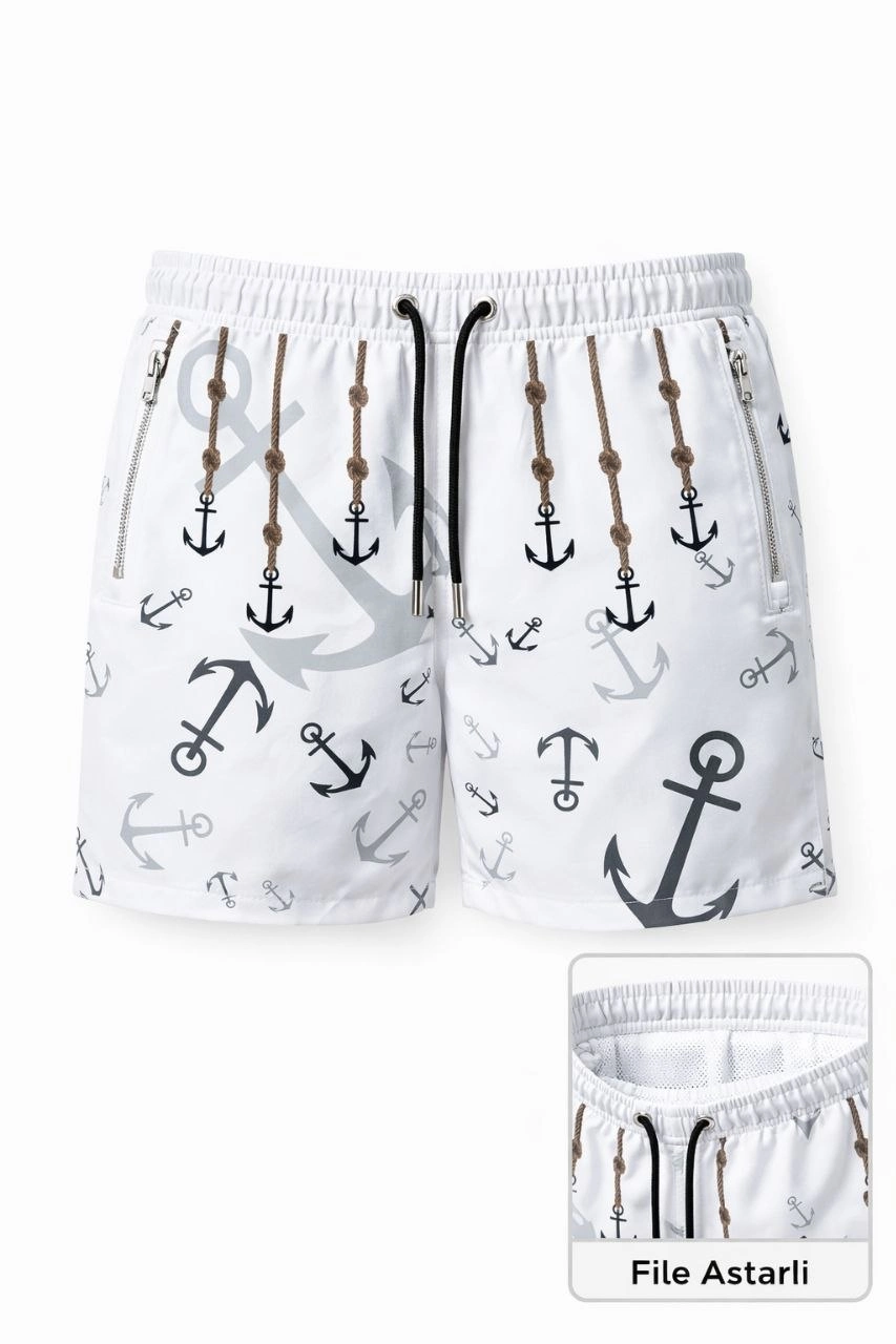 Erkek Deniz Şortu Fermuarlı Cepli File Astarlı Hızlı Kuruyan Premium - Beyaz