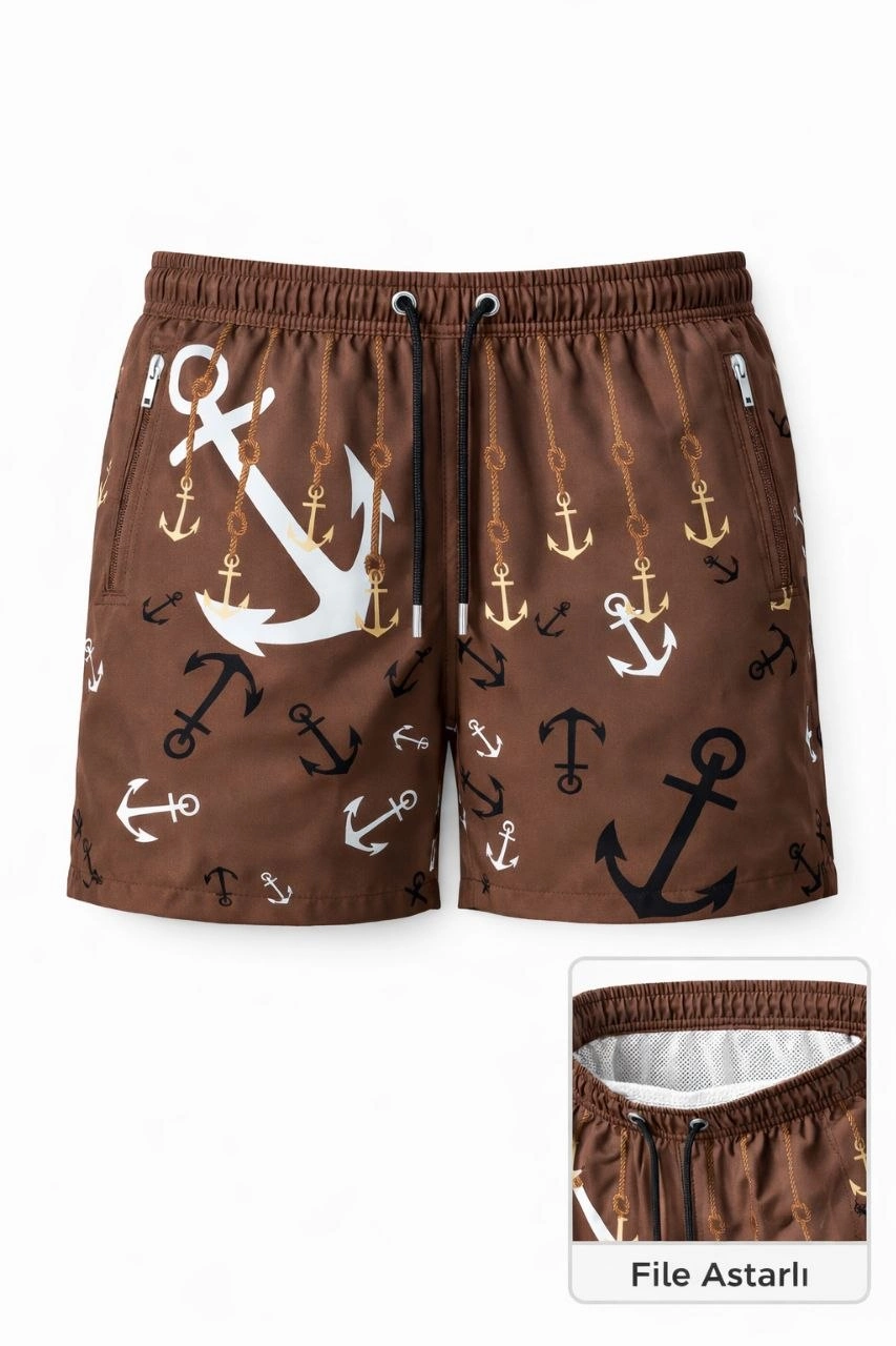 Erkek Deniz Şortu Fermuarlı Cepli File Astarlı Hızlı Kuruyan Premium - Kahverengi