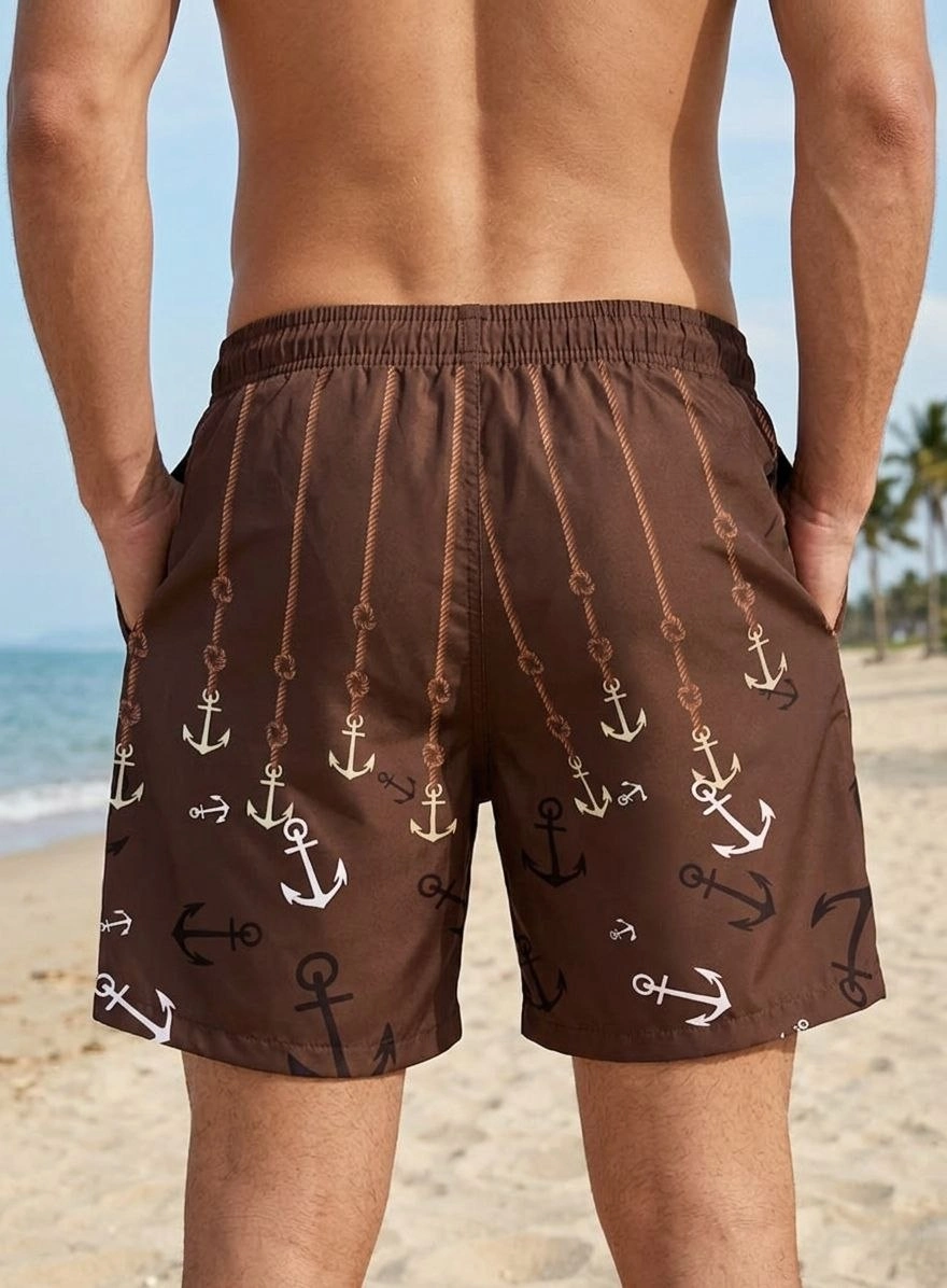 Erkek Deniz Şortu Fermuarlı Cepli File Astarlı Hızlı Kuruyan Premium - Kahverengi