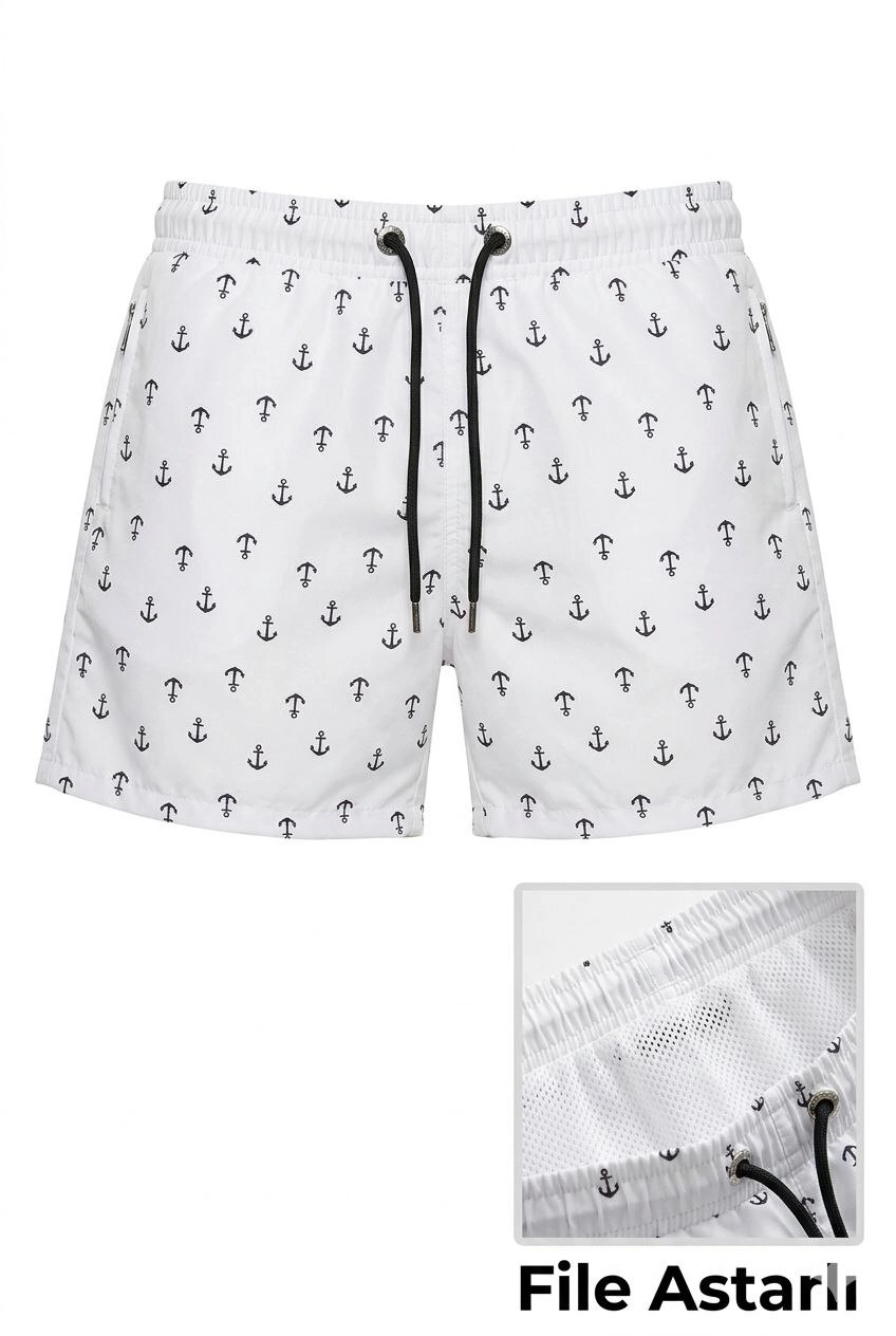 Erkek Deniz Şortu Fermuarlı Cepli File Astarlı Hızlı Kuruyan Premium - Beyaz