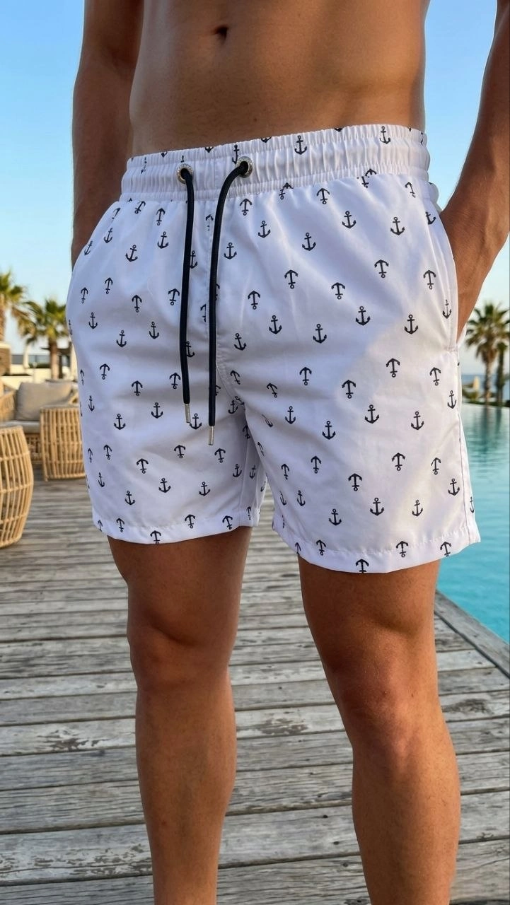 Erkek Deniz Şortu Fermuarlı Cepli File Astarlı Hızlı Kuruyan Premium - Beyaz