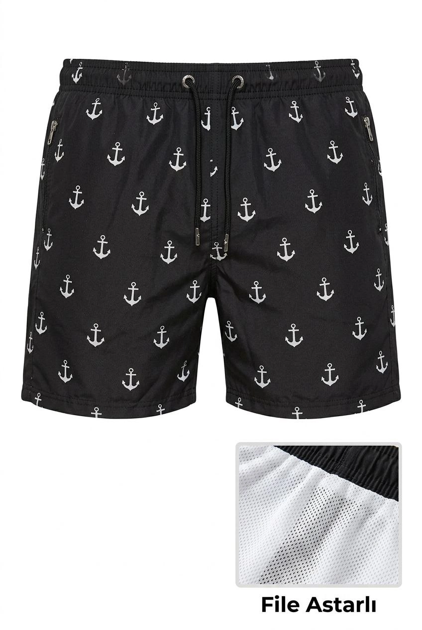 Erkek Deniz Şortu Fermuarlı Cepli File Astarlı Hızlı Kuruyan Premium - Siyah