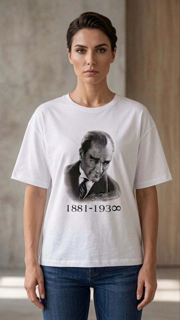 Kadın Atatürk Baskılı Tişört Kısa Kollu Bisiklet Yaka T-Shirt - Beyaz