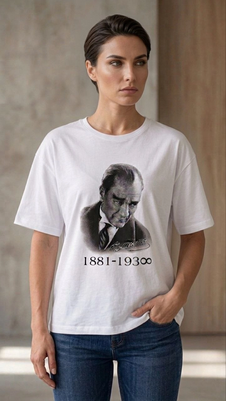 Kadın Atatürk Baskılı Tişört Kısa Kollu Bisiklet Yaka T-Shirt - Beyaz