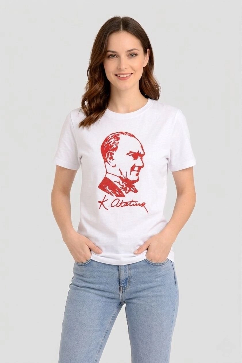 Kadın Atatürk Baskılı Tişört Kısa Kollu Bisiklet Yaka T-Shirt - Beyaz