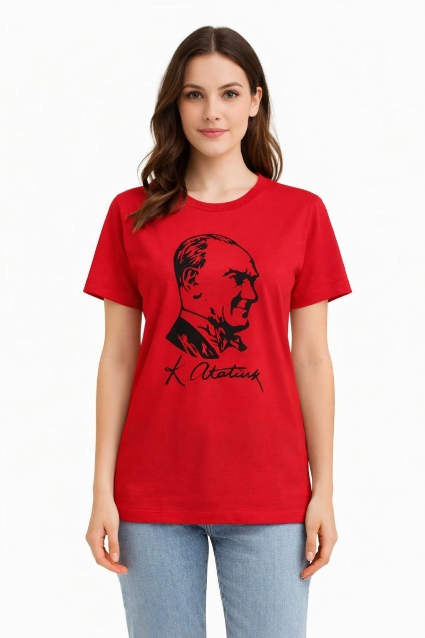 Kadın Atatürk Baskılı Tişört Kısa Kollu Bisiklet Yaka T-Shirt - Kırmızı