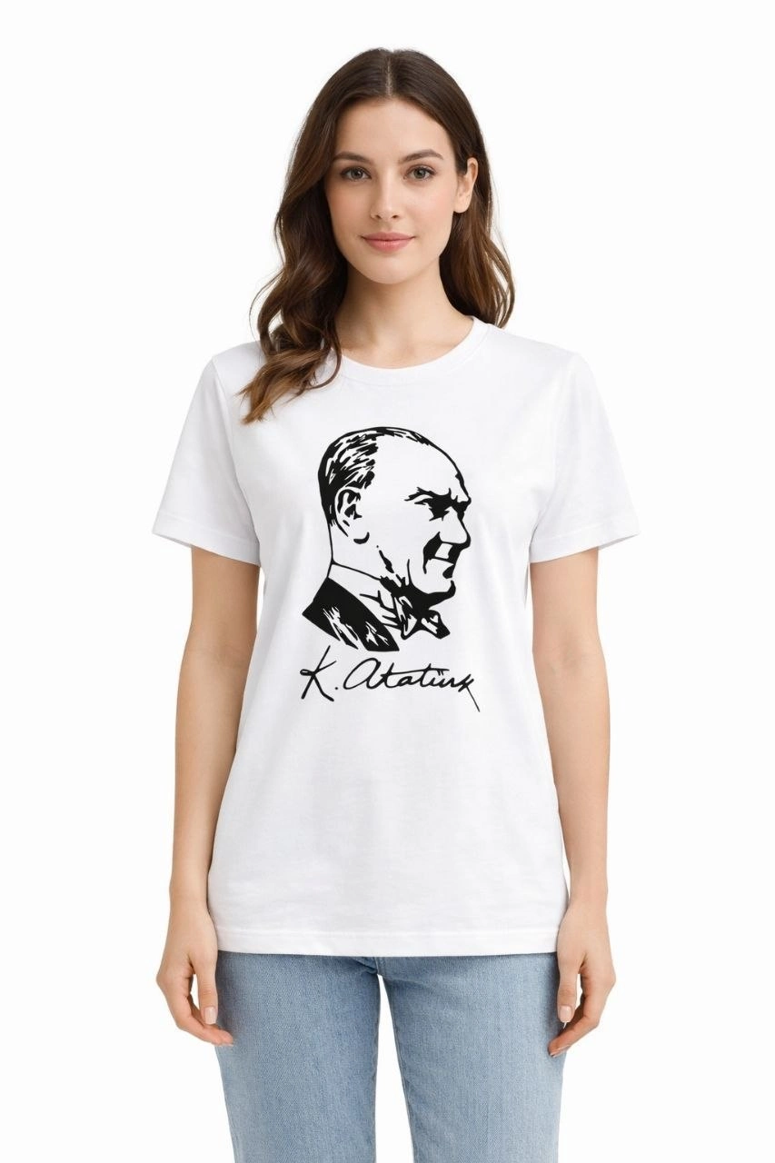 Kadın Atatürk Baskılı Tişört Kısa Kollu Bisiklet Yaka T-Shirt - Beyaz