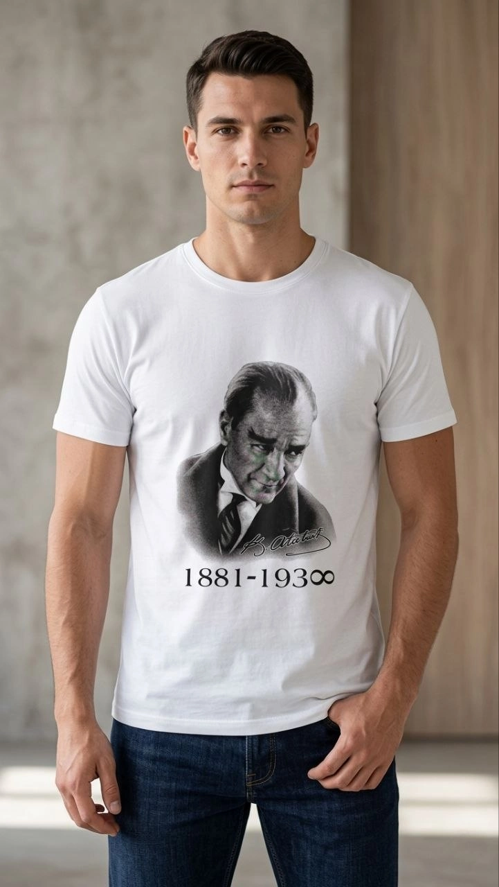 Erkek Atatürk Baskılı Tişört Kısa Kollu Bisiklet Yaka T-Shirt - Beyaz
