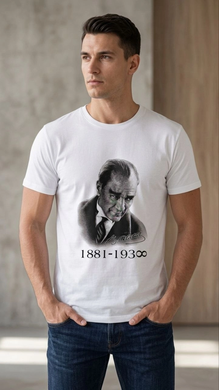 Erkek Atatürk Baskılı Tişört Kısa Kollu Bisiklet Yaka T-Shirt - Beyaz
