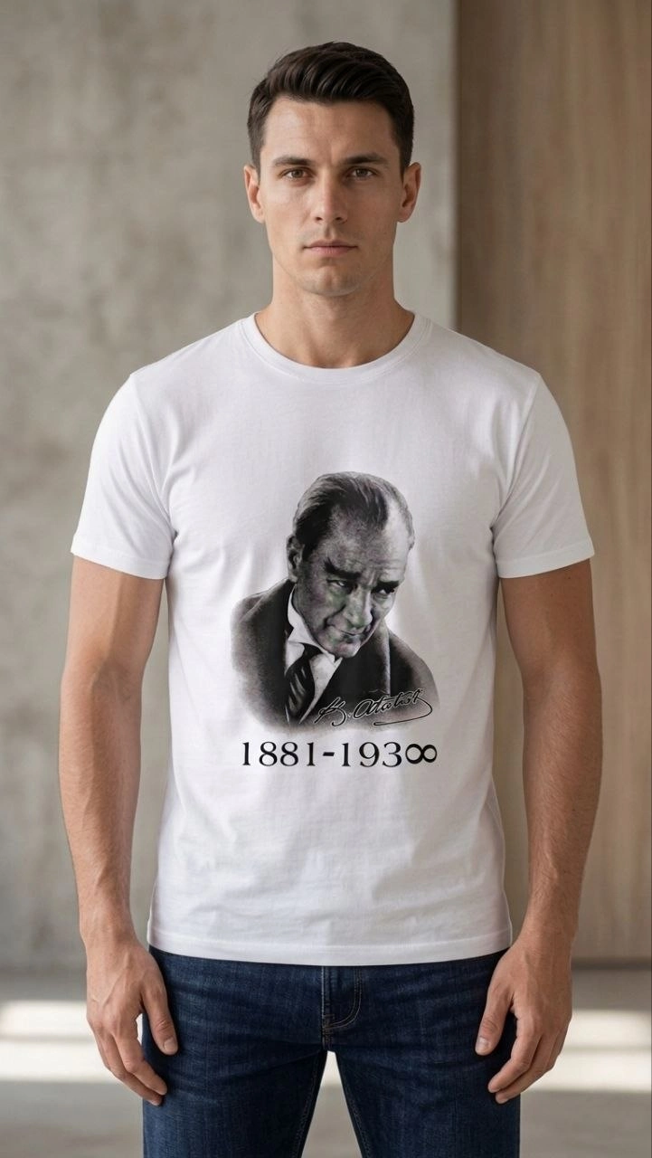 Erkek Atatürk Baskılı Tişört Kısa Kollu Bisiklet Yaka T-Shirt - Beyaz