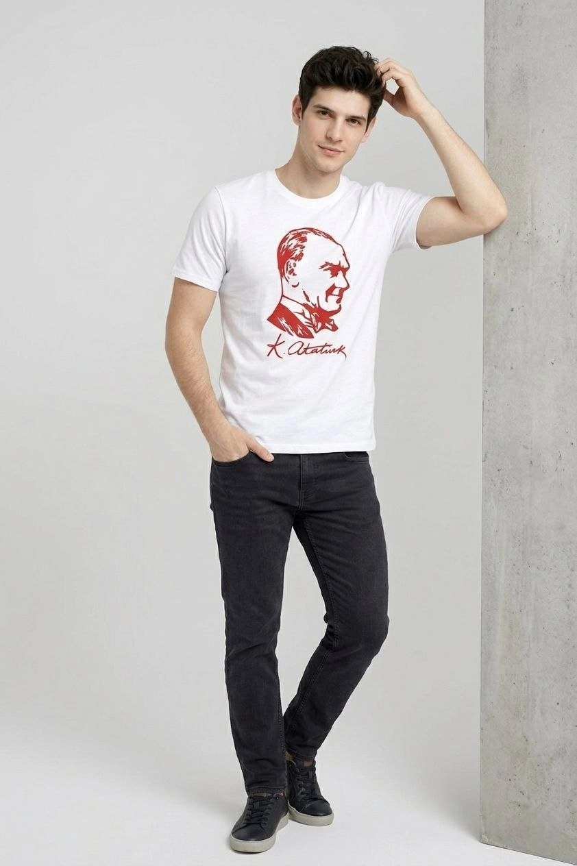 Erkek Atatürk Baskılı Tişört Kısa Kollu Bisiklet Yaka T-Shirt - Beyaz