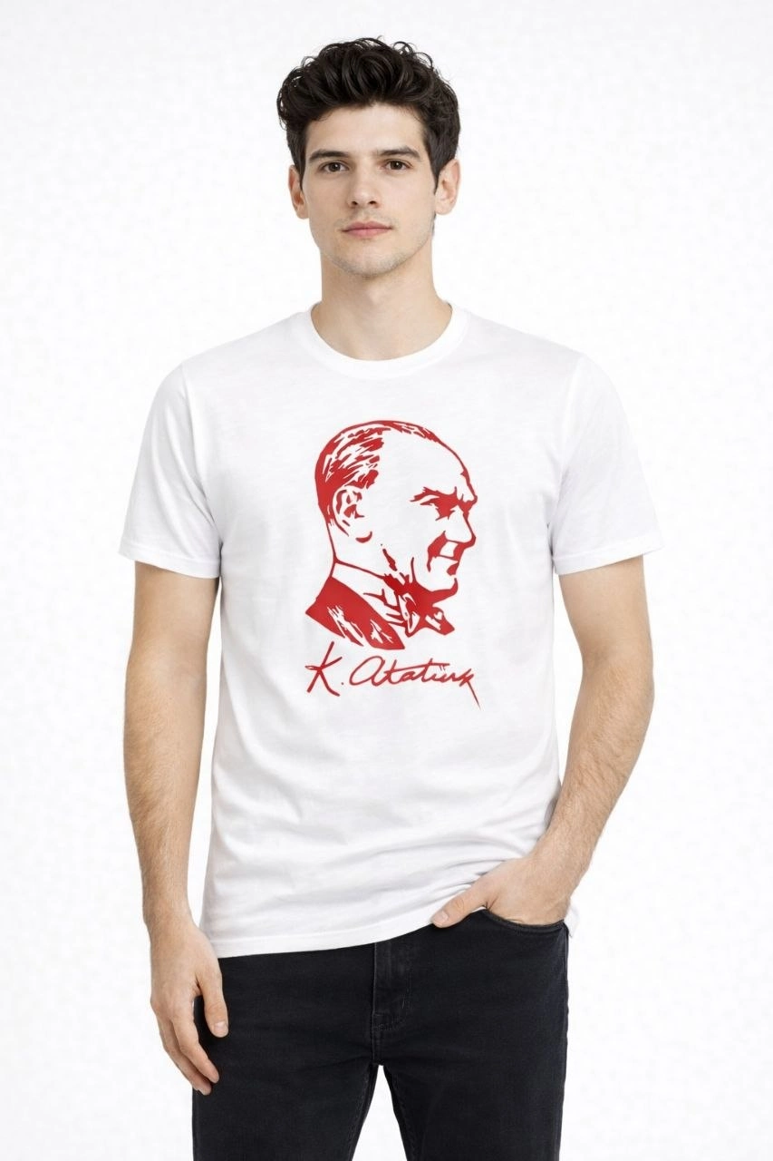 Erkek Atatürk Baskılı Tişört Kısa Kollu Bisiklet Yaka T-Shirt - Beyaz