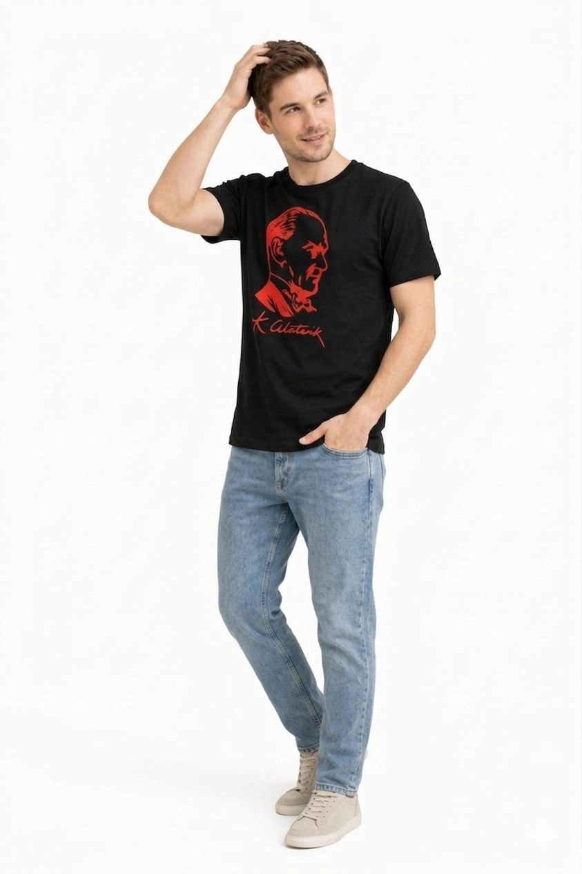 Erkek Atatürk Baskılı Tişört Kısa Kollu Bisiklet Yaka T-Shirt - Siyah
