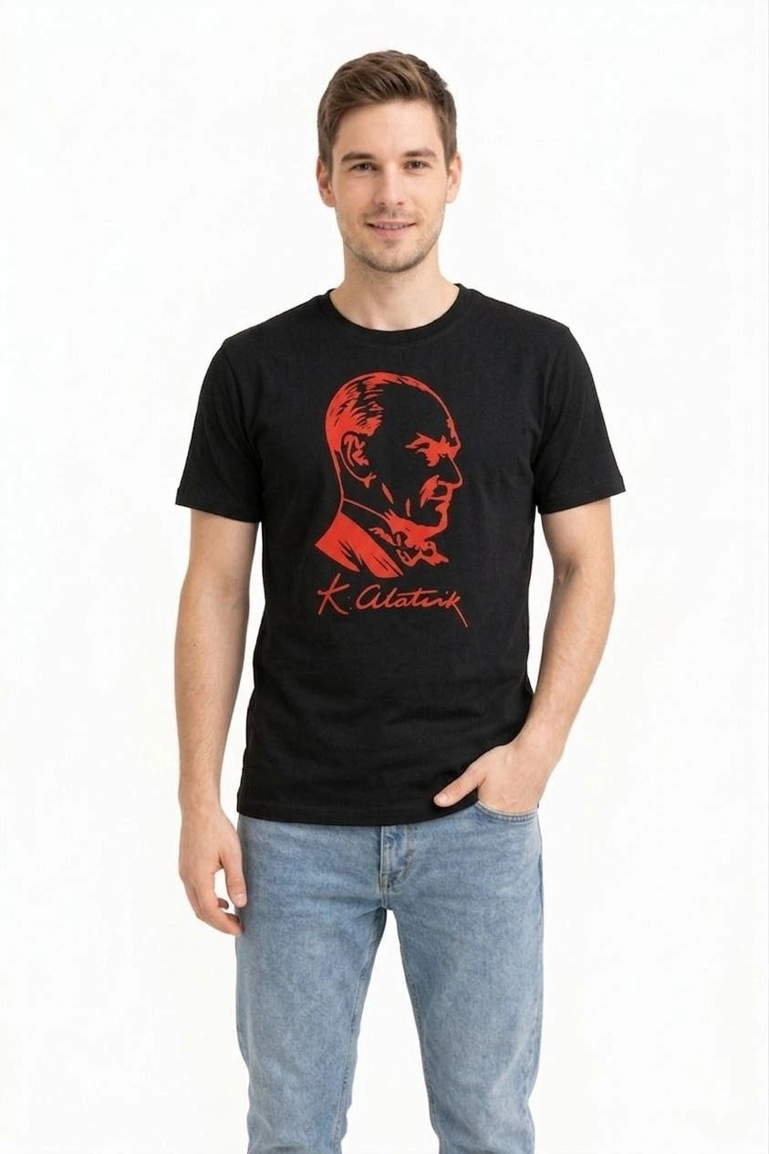 Erkek Atatürk Baskılı Tişört Kısa Kollu Bisiklet Yaka T-Shirt - Siyah