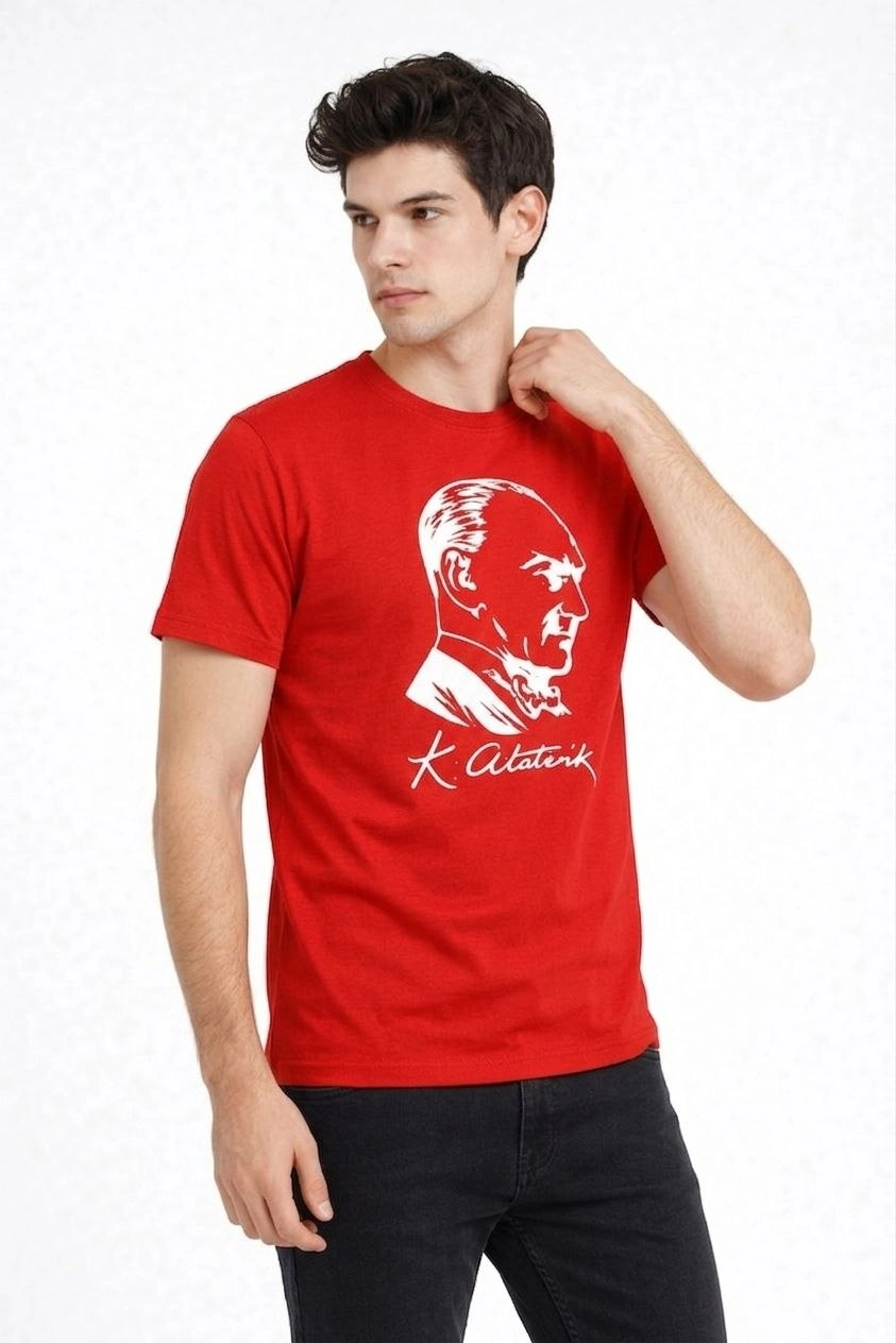 Erkek Atatürk Baskılı Tişört Kısa Kollu Bisiklet Yaka T-Shirt - Kırmızı
