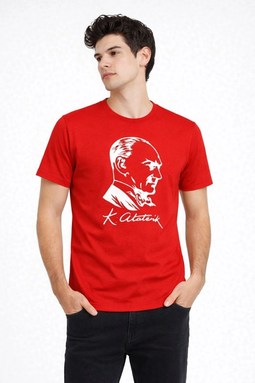 Erkek Atatürk Baskılı Tişört Kısa Kollu Bisiklet Yaka T-Shirt - Kırmızı