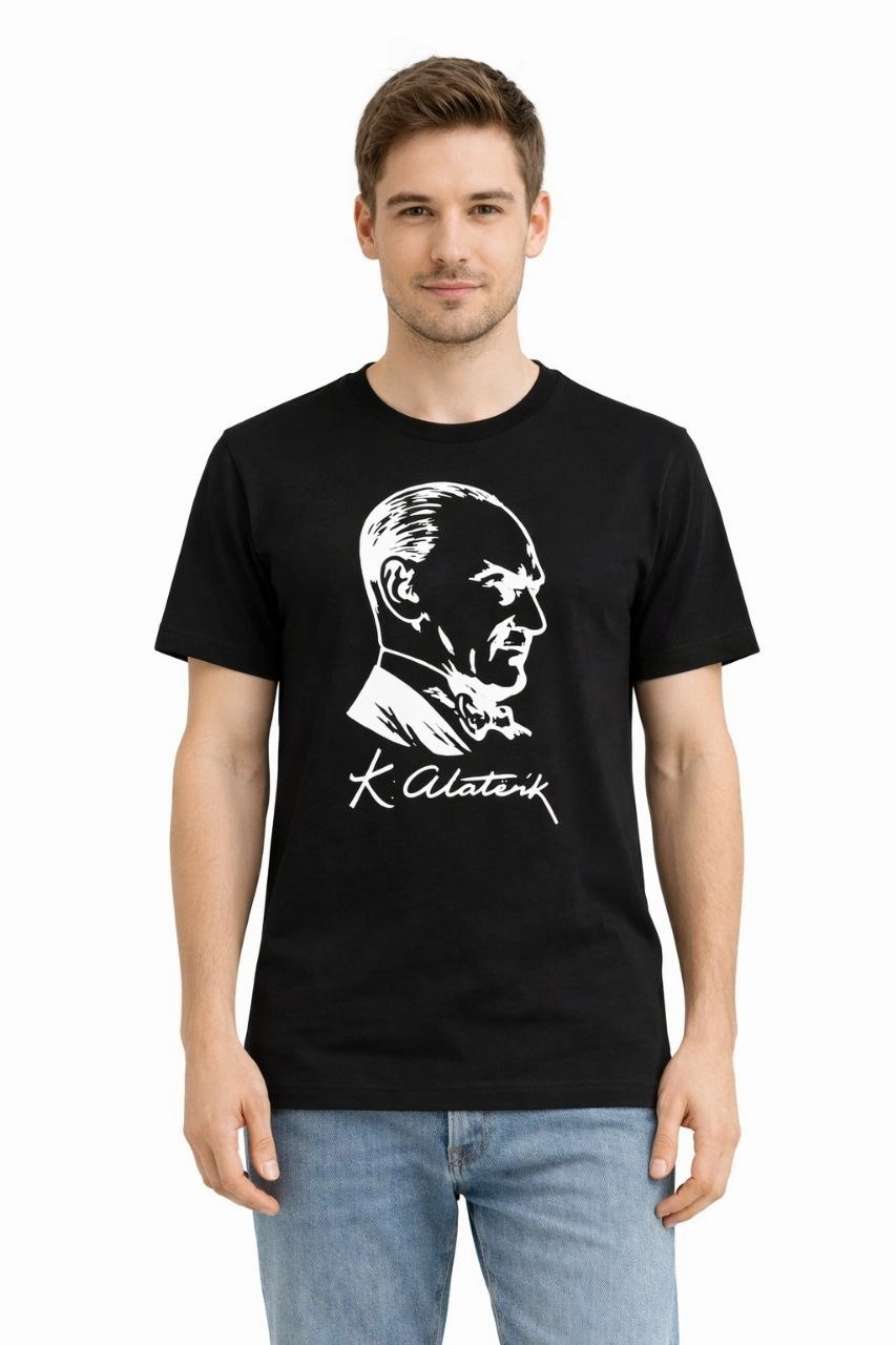 Erkek Atatürk Baskılı Tişört Kısa Kollu Bisiklet Yaka T-Shirt - Siyah