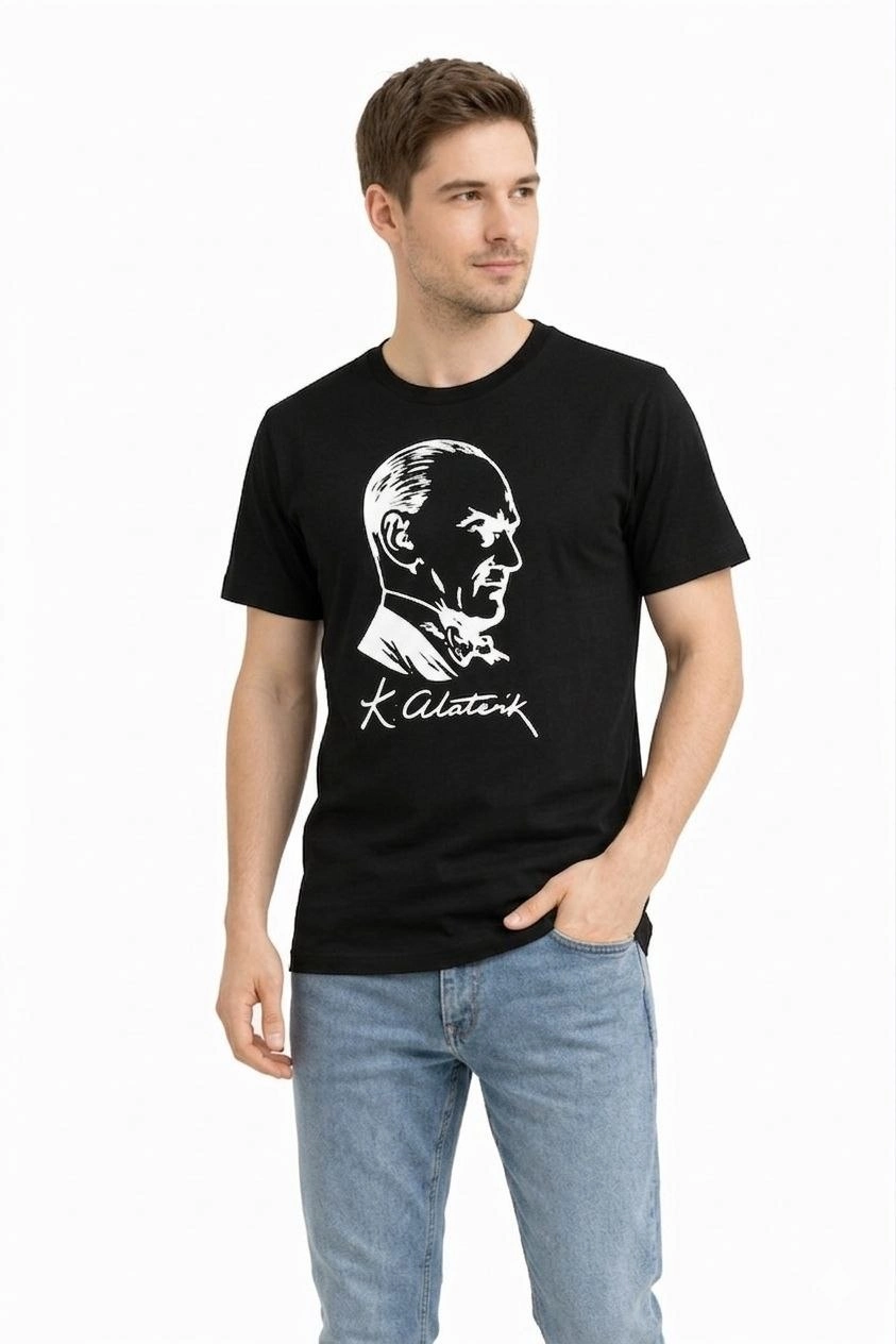 Erkek Atatürk Baskılı Tişört Kısa Kollu Bisiklet Yaka T-Shirt - Siyah
