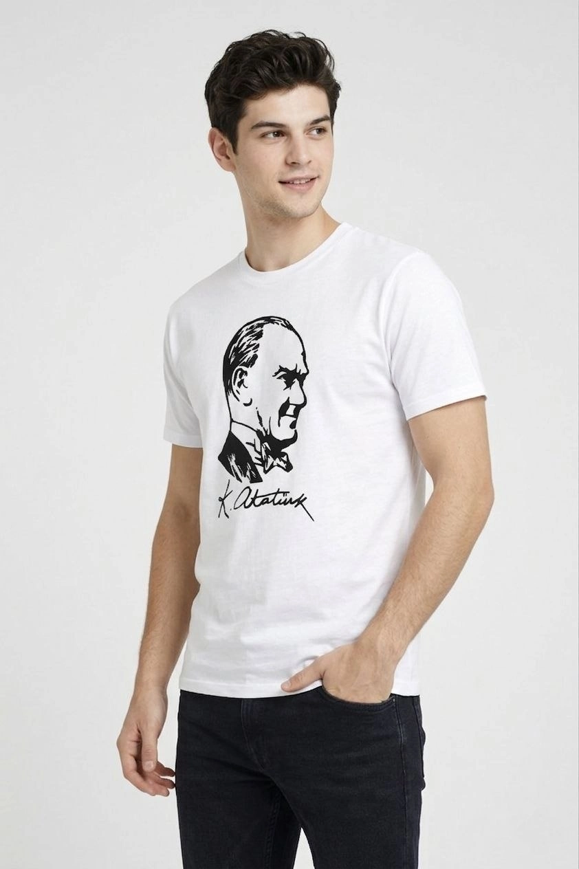 Erkek Atatürk Baskılı Tişört Kısa Kollu Bisiklet Yaka T-Shirt - Beyaz
