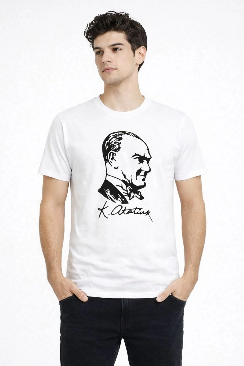 Erkek Atatürk Baskılı Tişört Kısa Kollu Bisiklet Yaka T-Shirt - Beyaz