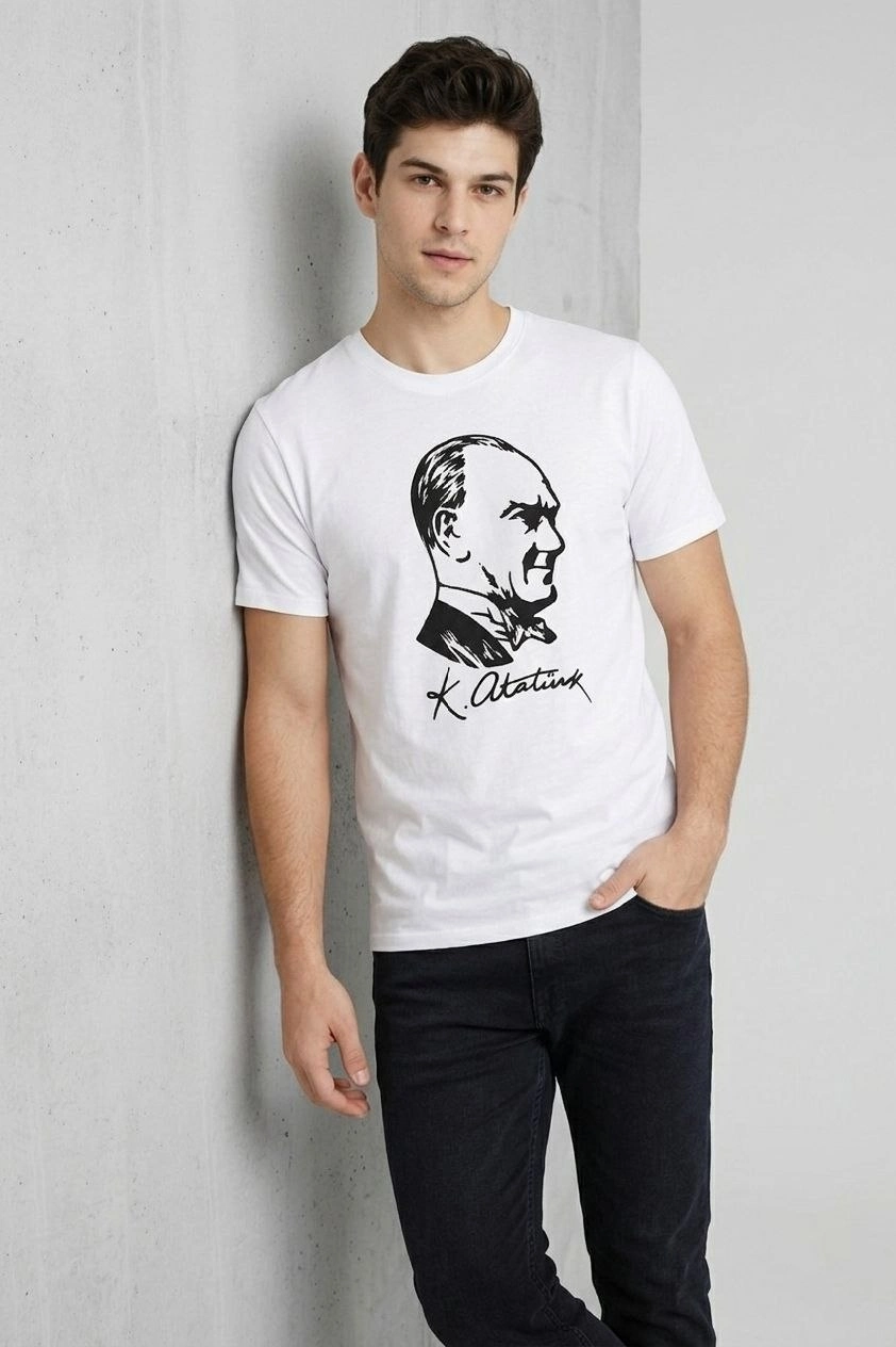 Erkek Atatürk Baskılı Tişört Kısa Kollu Bisiklet Yaka T-Shirt - Beyaz