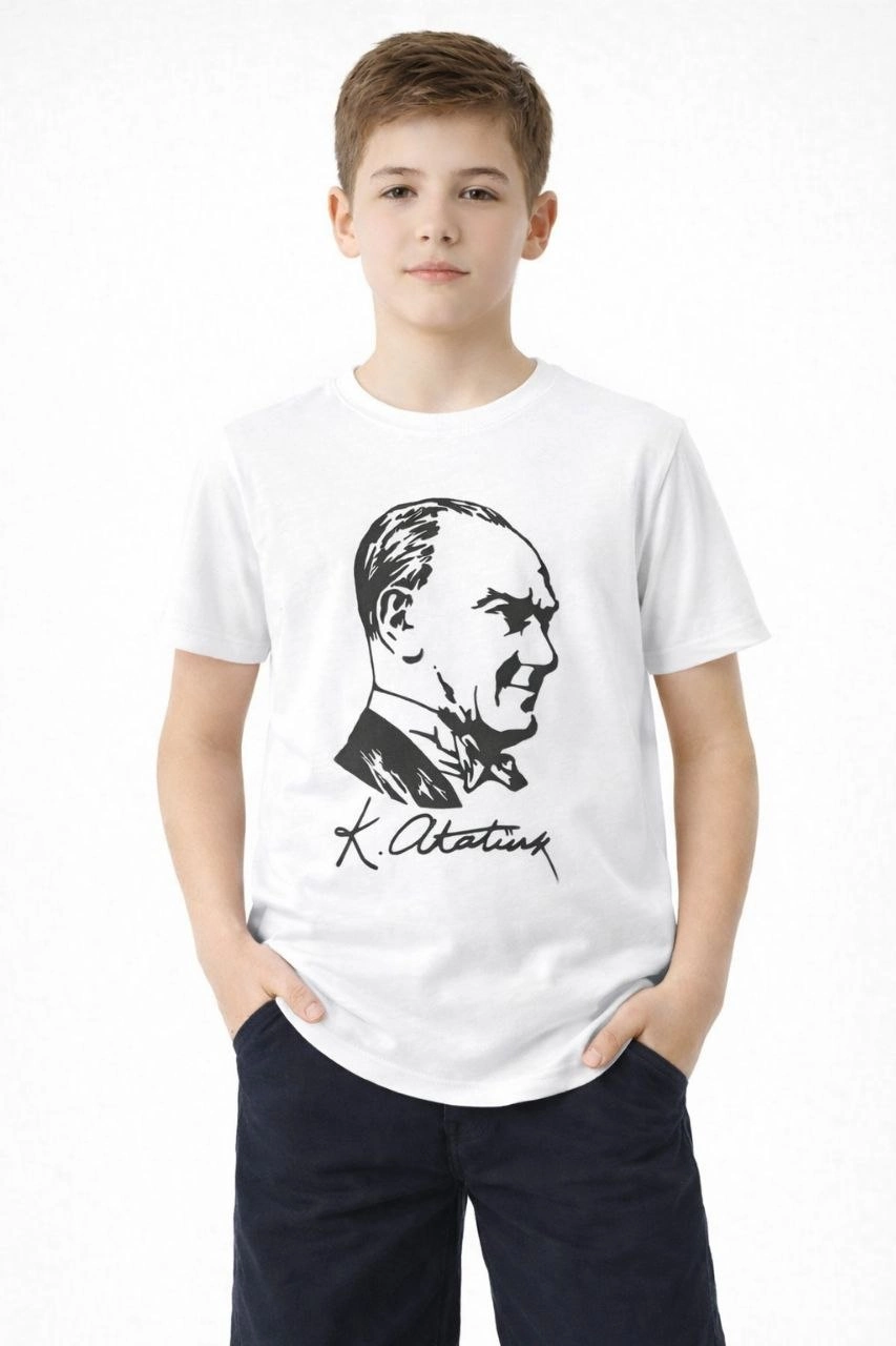 Erkek Çocuk Atatürk Baskılı Tişört Kısa Kollu Bisiklet Yaka T-Shirt - Beyaz