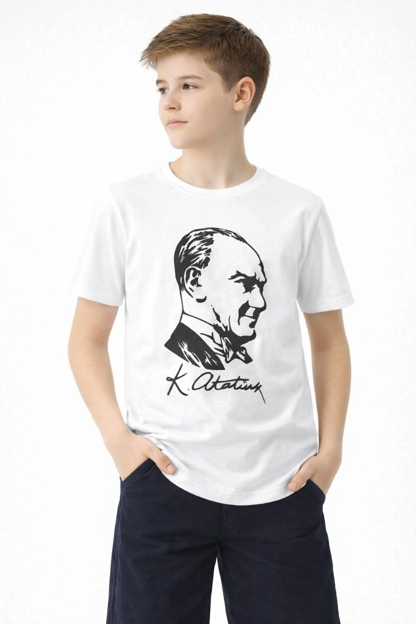 Erkek Çocuk Atatürk Baskılı Tişört Kısa Kollu Bisiklet Yaka T-Shirt - Beyaz