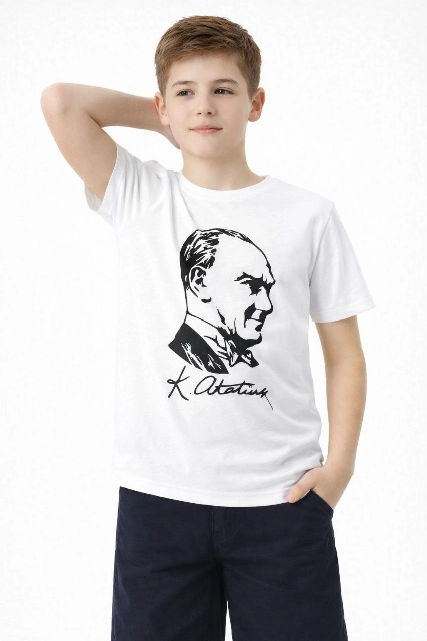 Erkek Çocuk Atatürk Baskılı Tişört Kısa Kollu Bisiklet Yaka T-Shirt - Beyaz