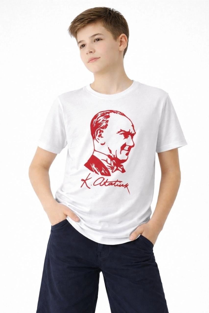 Erkek Çocuk Atatürk Baskılı Tişört Kısa Kollu Bisiklet Yaka T-Shirt - Beyaz