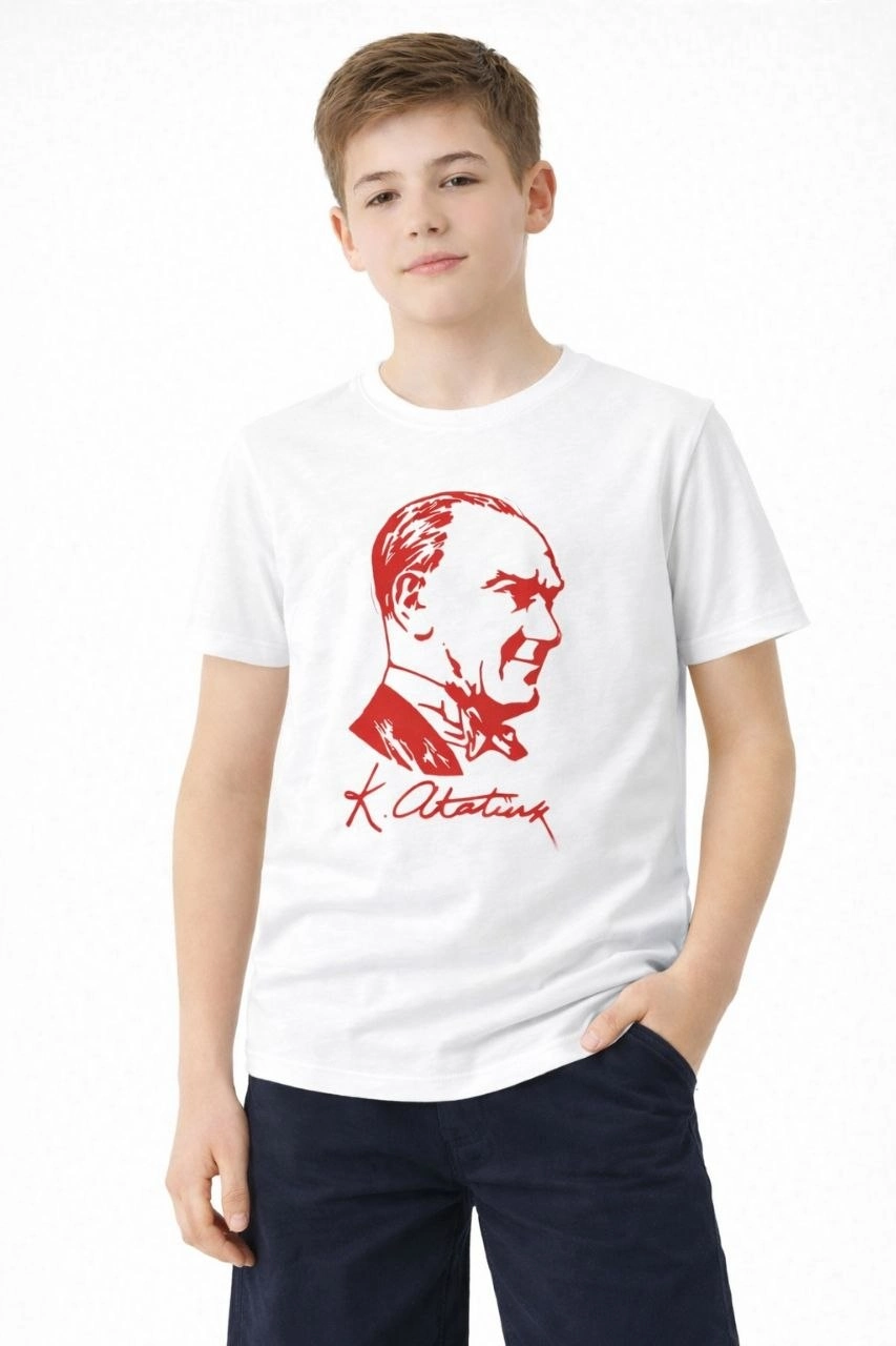 Erkek Çocuk Atatürk Baskılı Tişört Kısa Kollu Bisiklet Yaka T-Shirt - Beyaz