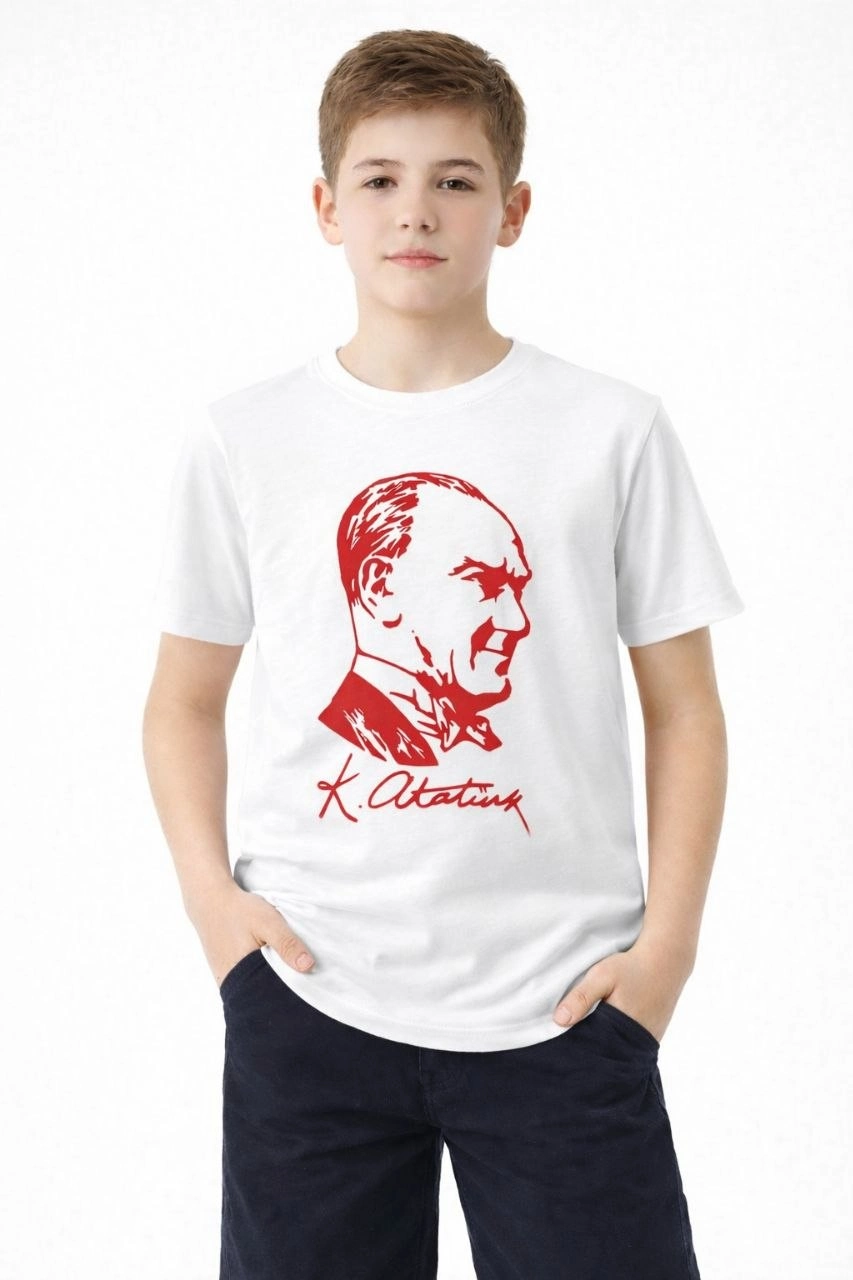 Erkek Çocuk Atatürk Baskılı Tişört Kısa Kollu Bisiklet Yaka T-Shirt - Beyaz