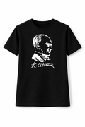 Erkek Çocuk Atatürk Baskılı Tişört Kısa Kollu Bisiklet Yaka T-Shirt - Siyah