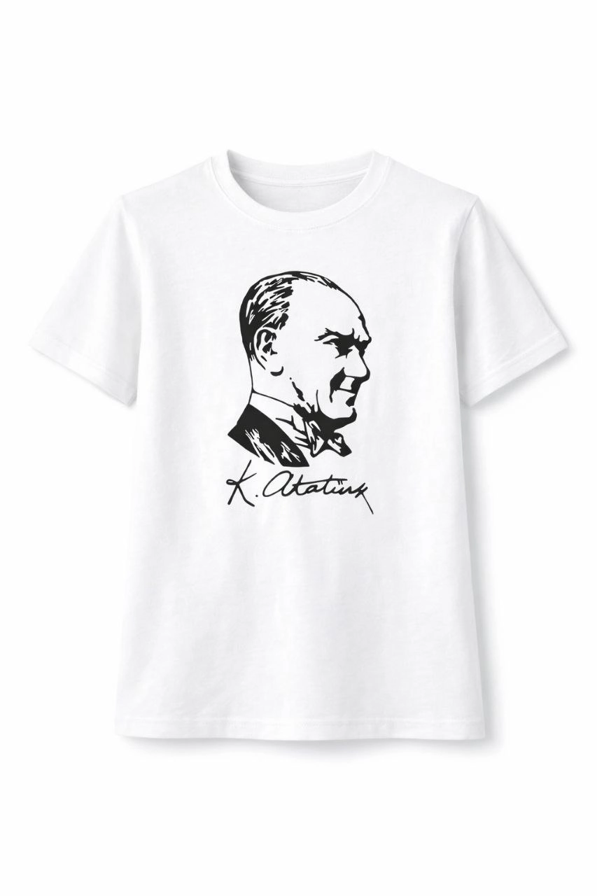 Erkek Çocuk Atatürk Baskılı Tişört Kısa Kollu Bisiklet Yaka T-Shirt - Beyaz