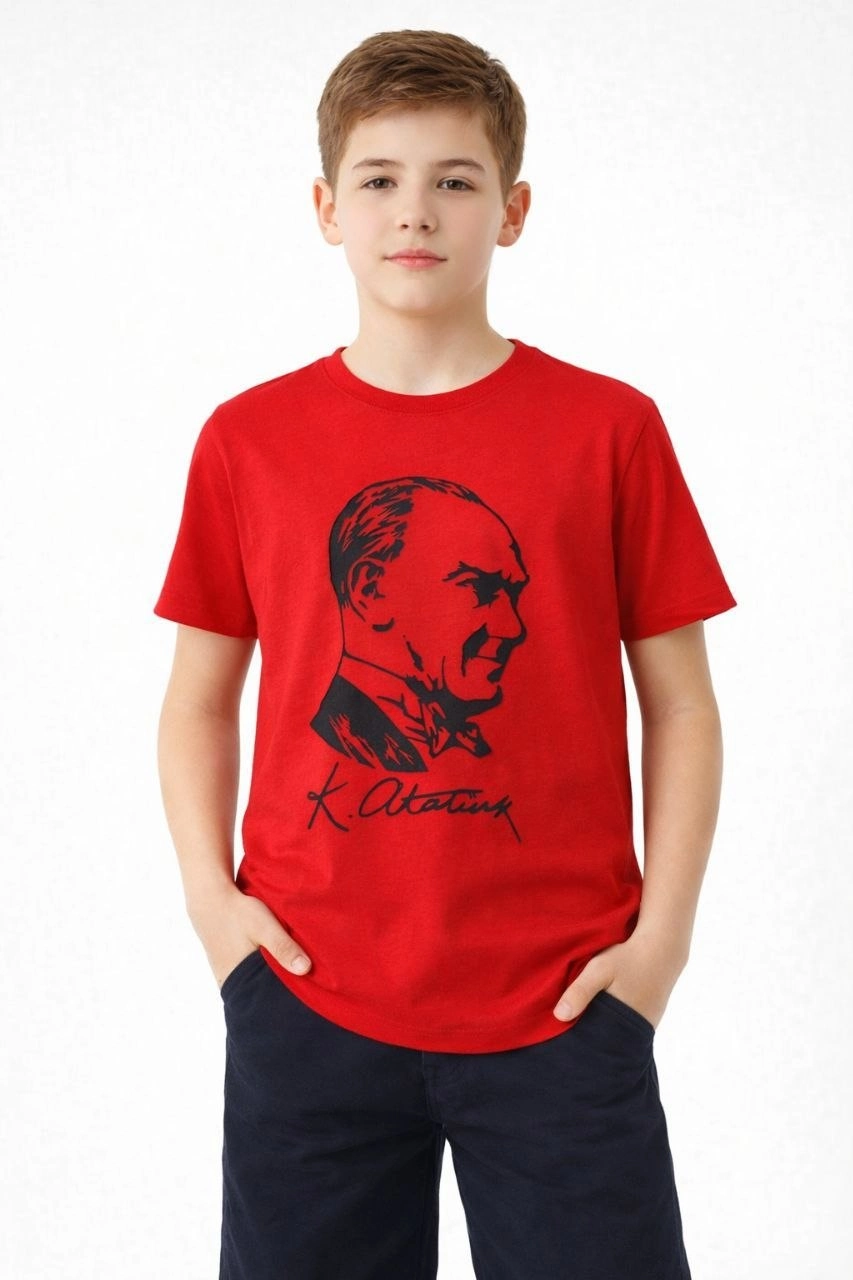 Erkek Çocuk Atatürk Baskılı Tişört Kısa Kollu Bisiklet Yaka T-Shirt - Kırmızı