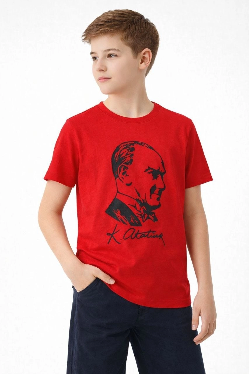 Erkek Çocuk Atatürk Baskılı Tişört Kısa Kollu Bisiklet Yaka T-Shirt - Kırmızı