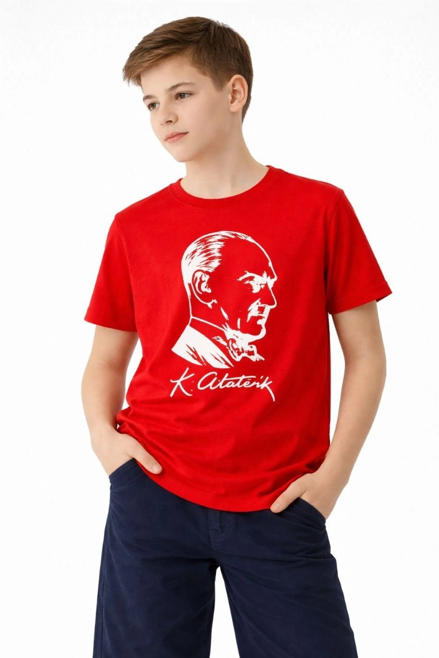 Erkek Çocuk Atatürk Baskılı Tişört Kısa Kollu Bisiklet Yaka T-Shirt - Kırmızı