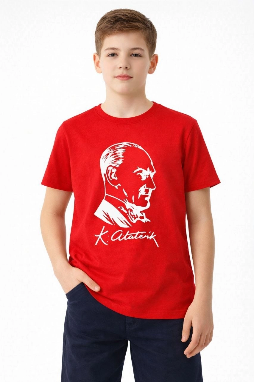 Erkek Çocuk Atatürk Baskılı Tişört Kısa Kollu Bisiklet Yaka T-Shirt - Kırmızı