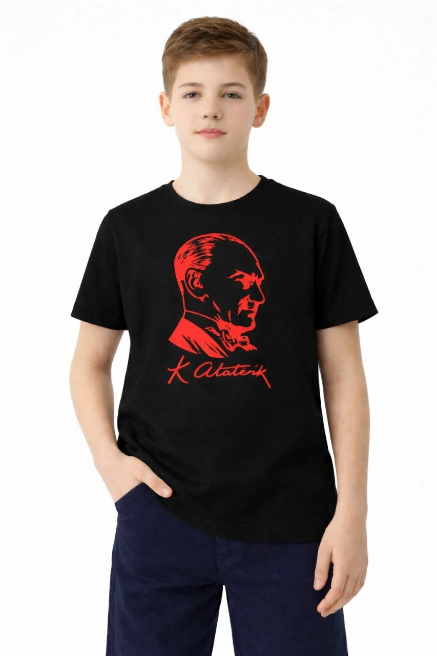Erkek Çocuk Atatürk Baskılı Tişört Kısa Kollu Bisiklet Yaka T-Shirt - Siyah