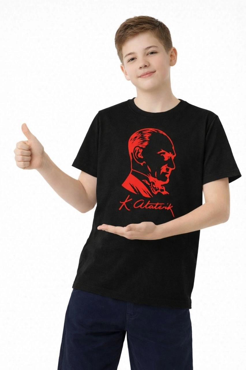 Erkek Çocuk Atatürk Baskılı Tişört Kısa Kollu Bisiklet Yaka T-Shirt - Siyah